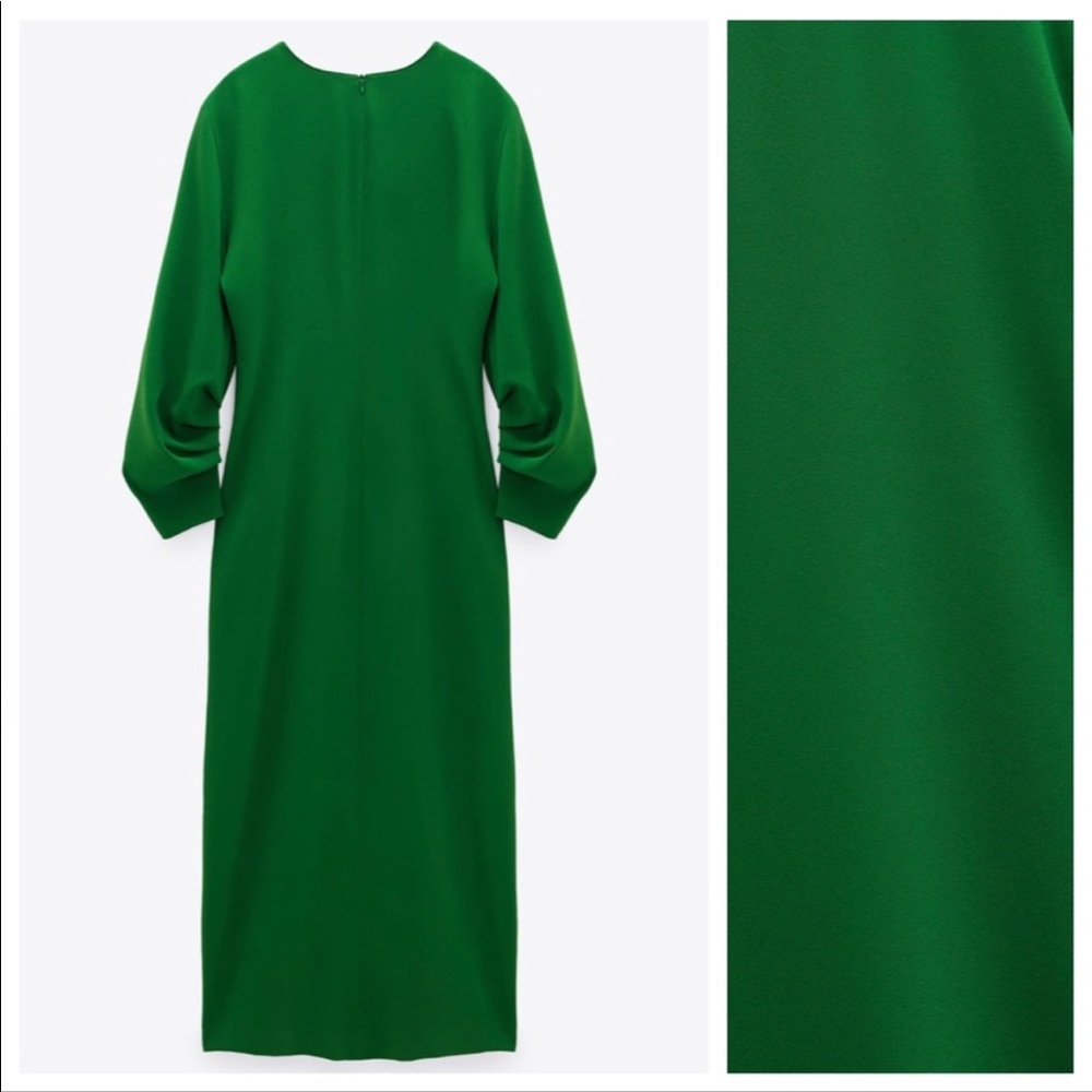 🆕 ZARA Midi Dress with Gathered Detail on Sleeve in Green SZ XS